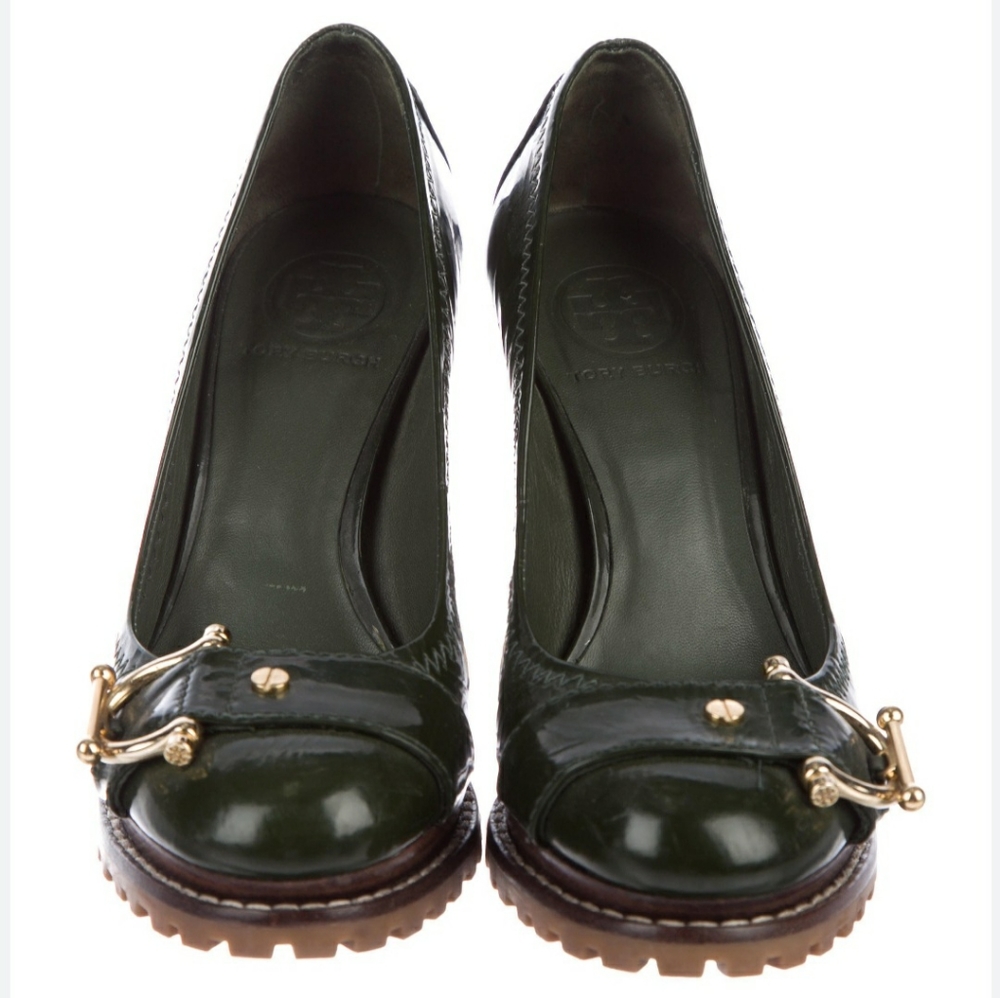 Tory Burch Womens Slip On Block Heel Buckle Strap Pumps Green Leather Size 9M